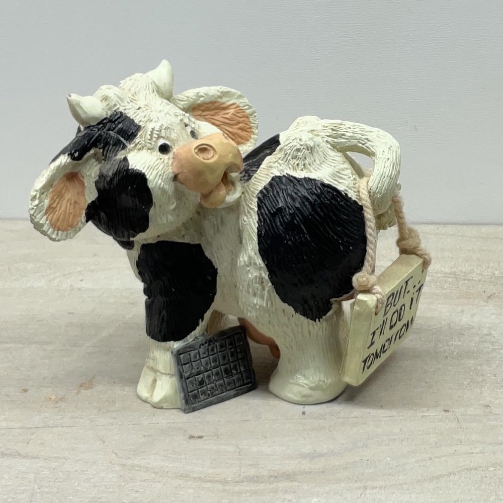 Vintage Resin Spotted Cow Figurine with But I'll Do It Tomorrow Sign 3.5 Inch
